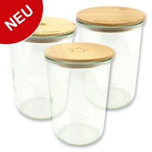 WECK Glas mit Holzdeckel graviert, Sturzglas 850ml